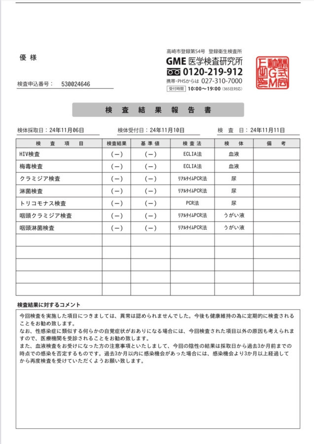 優の性病検査証明書