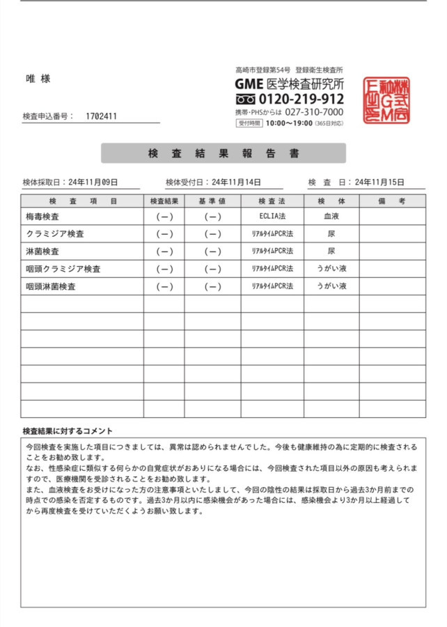 唯の性病検査証明書