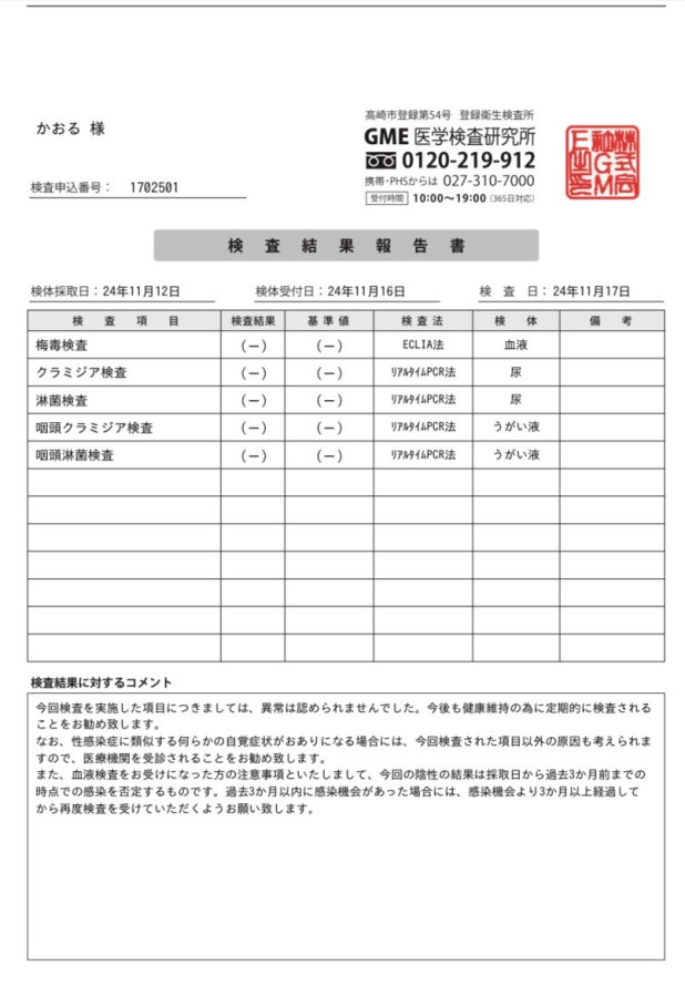 かおるの性病検査証明書