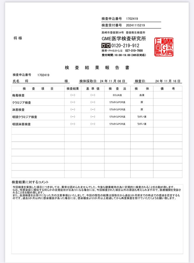 将の性病検査証明書