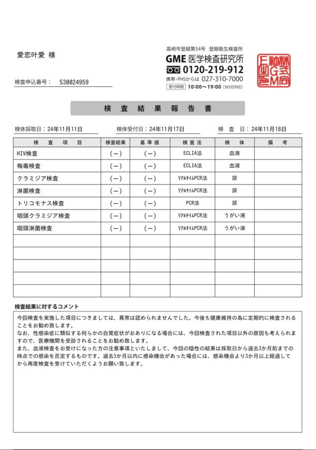 愛恋叶愛の性病検査証明書