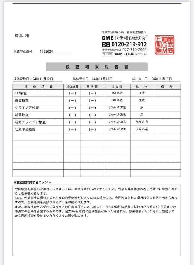 彪真の性病検査証明書