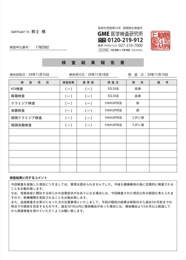 敦士の性病検査証明書