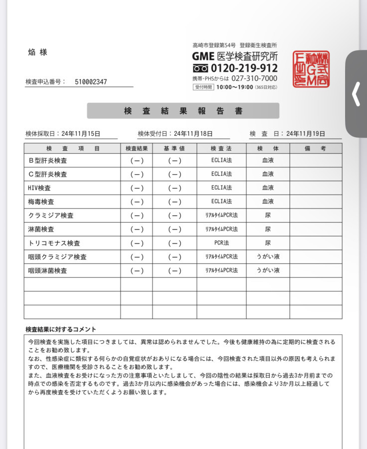 焔の性病検査証明書