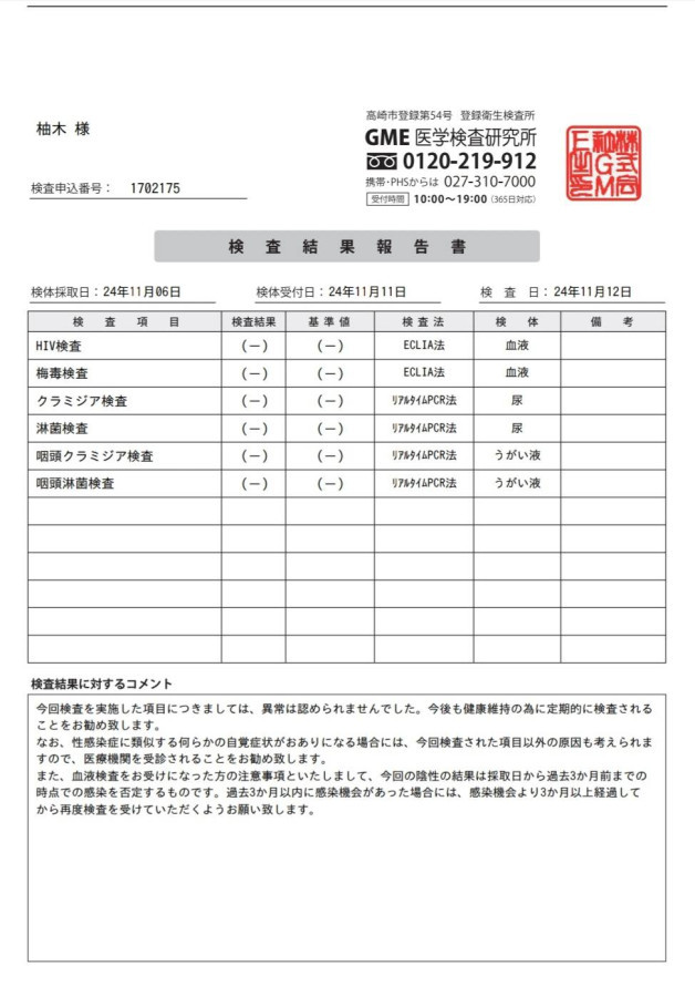 柚木の性病検査証明書