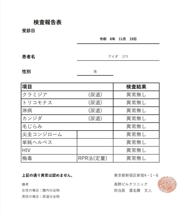 哀田 剛の性病検査証明書