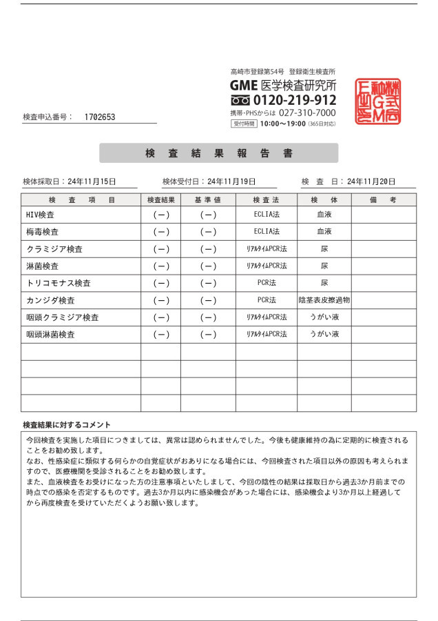 一護の性病検査証明書