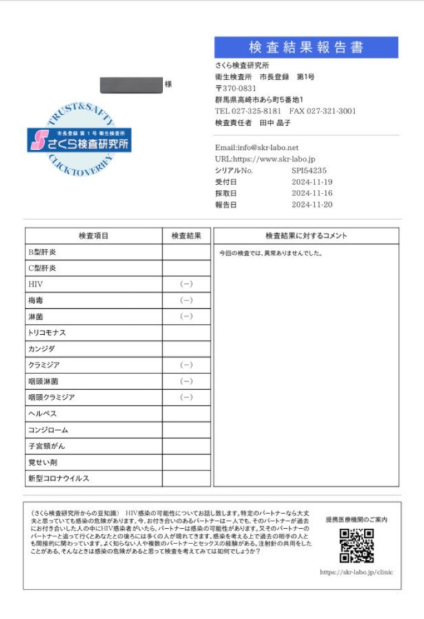 雨宮 真琴の性病検査証明書