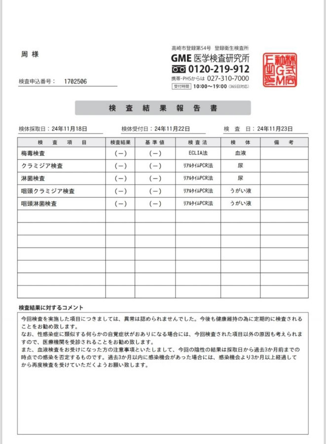 周の性病検査証明書