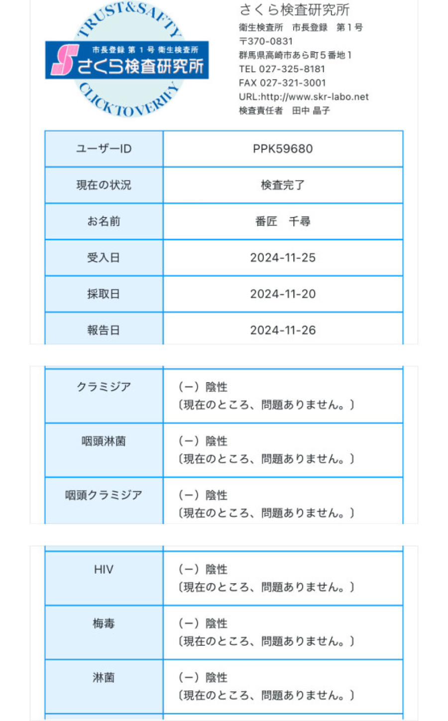 番匠 千尋の性病検査証明書