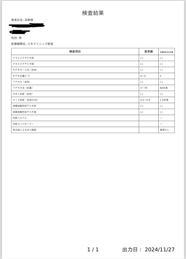 流華の性病検査証明書