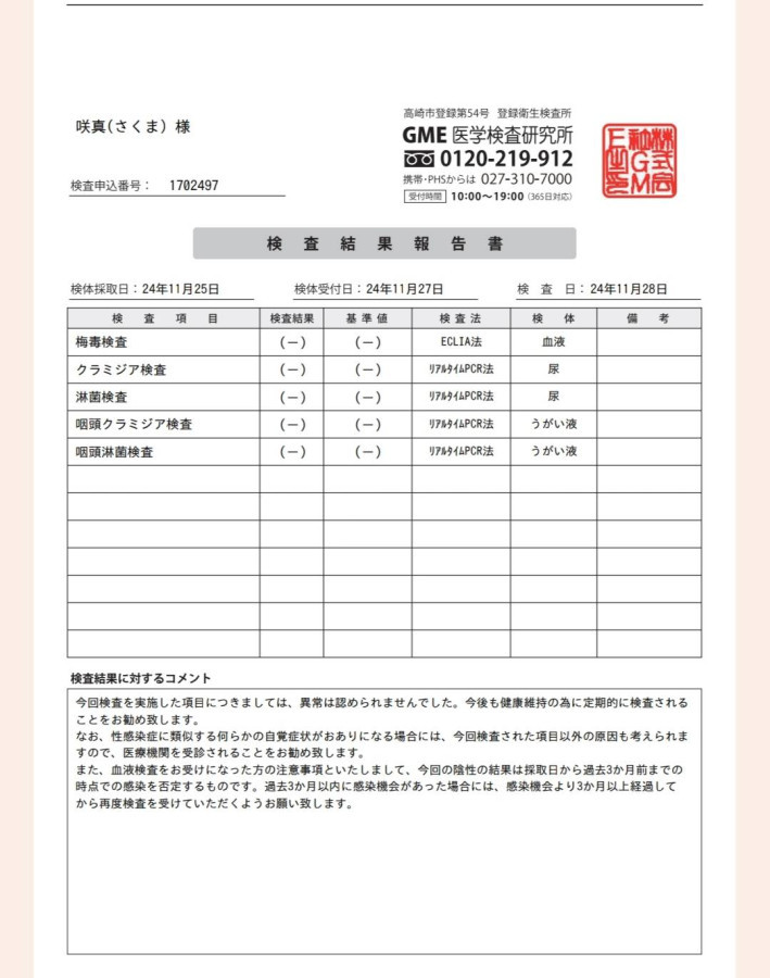 咲真の性病検査証明書