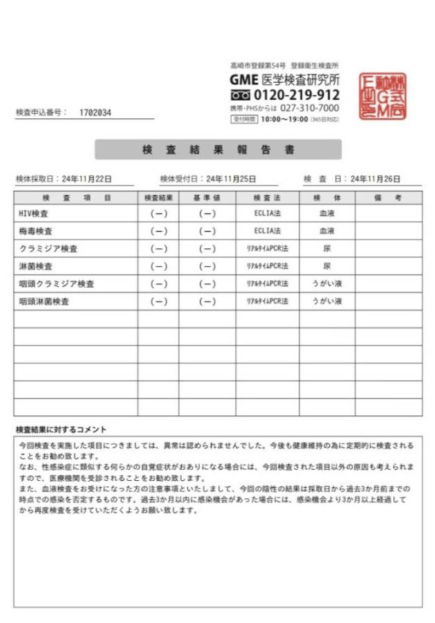 ましろの性病検査証明書