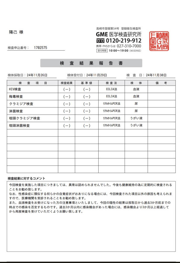 陽己の性病検査証明書