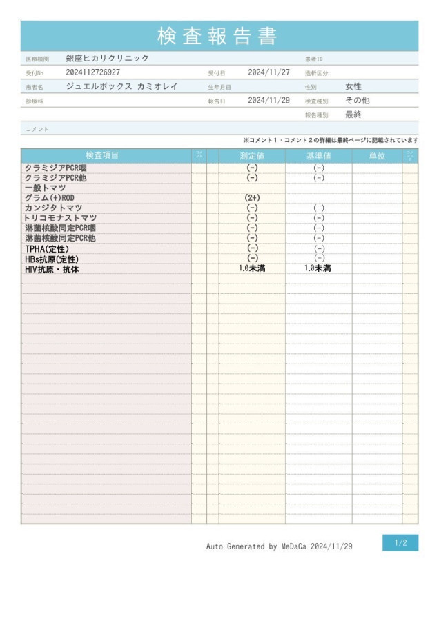 神尾 レイの性病検査証明書