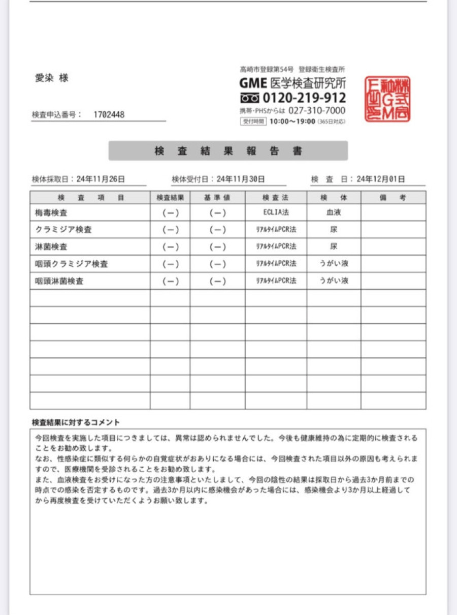 愛染の性病検査証明書