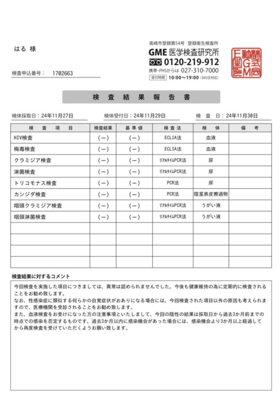 Haruの性病検査証明書