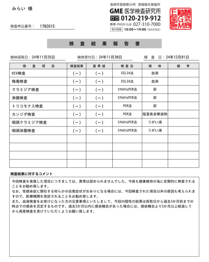 Miraiの性病検査証明書