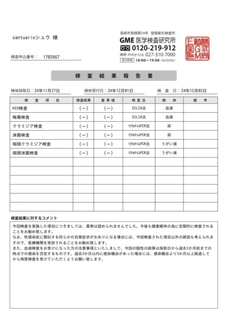 シュウの性病検査証明書