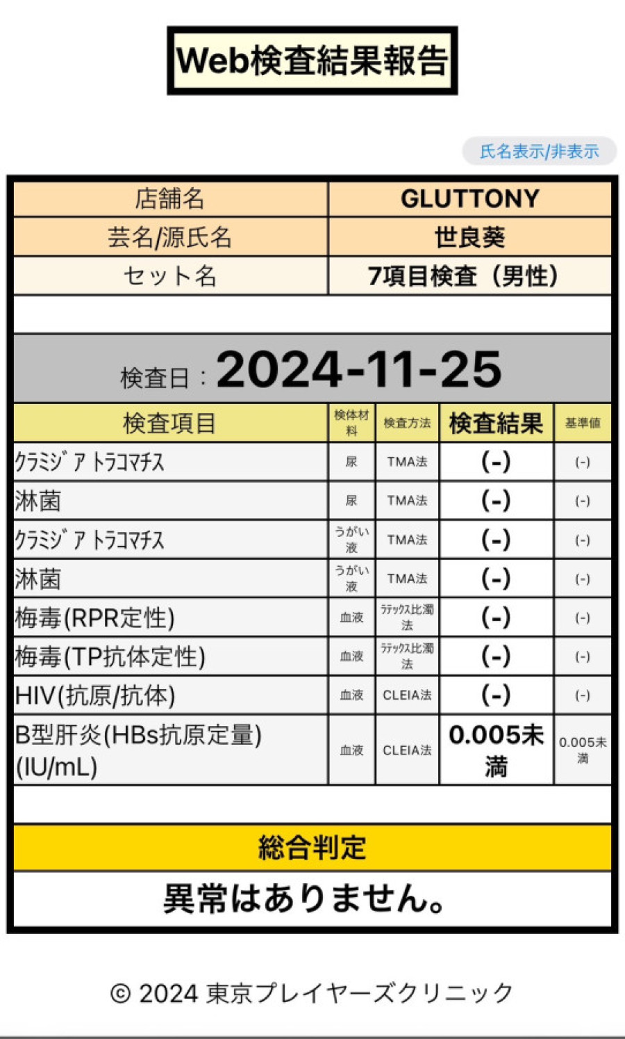 世良 葵の性病検査証明書