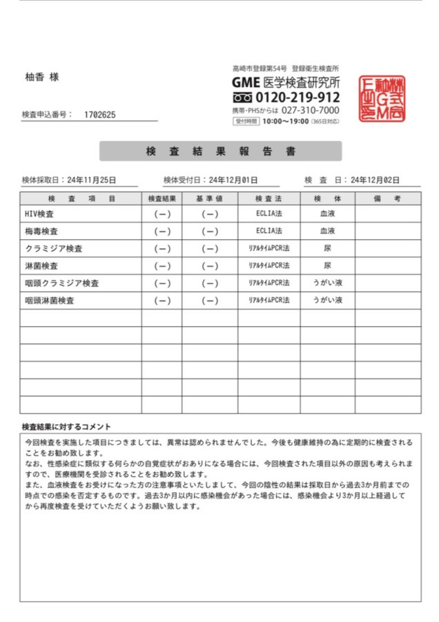 柚香の性病検査証明書