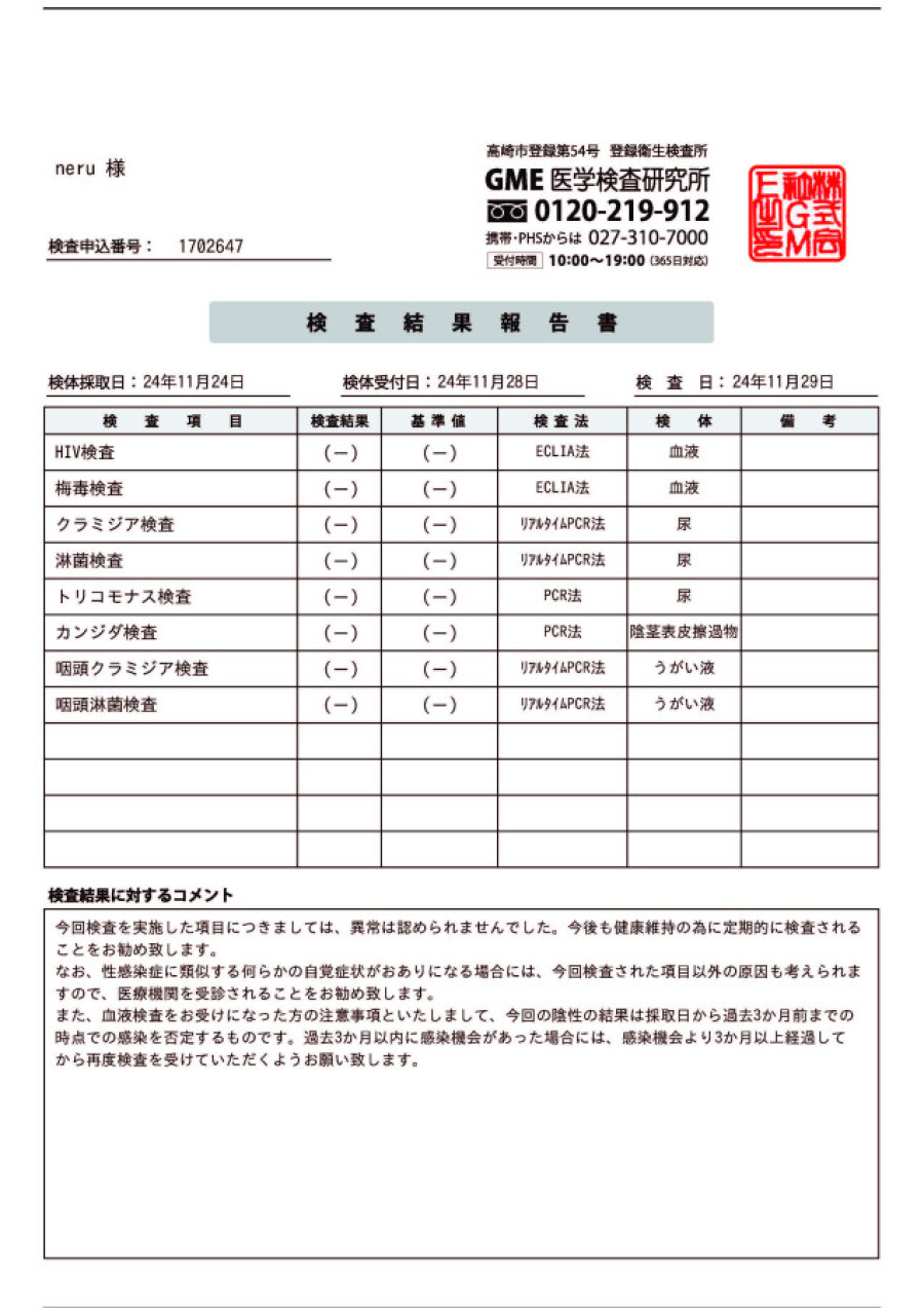 neruの性病検査証明書