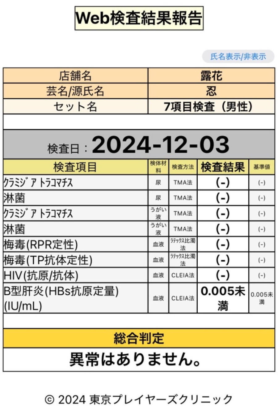 忍の性病検査証明書