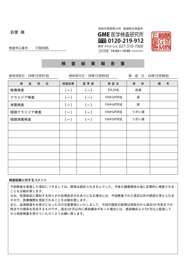 彩愛の性病検査証明書