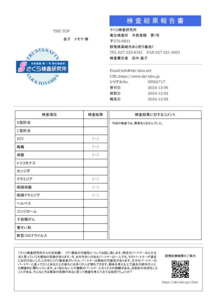 金子 トモヤの性病検査証明書