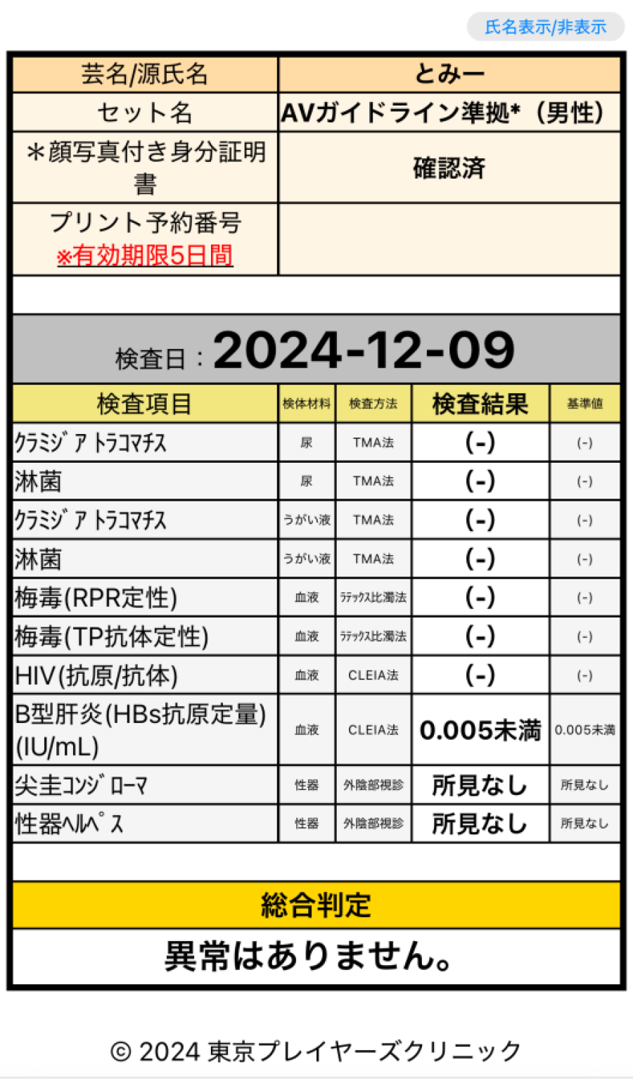 とみーの性病検査証明書