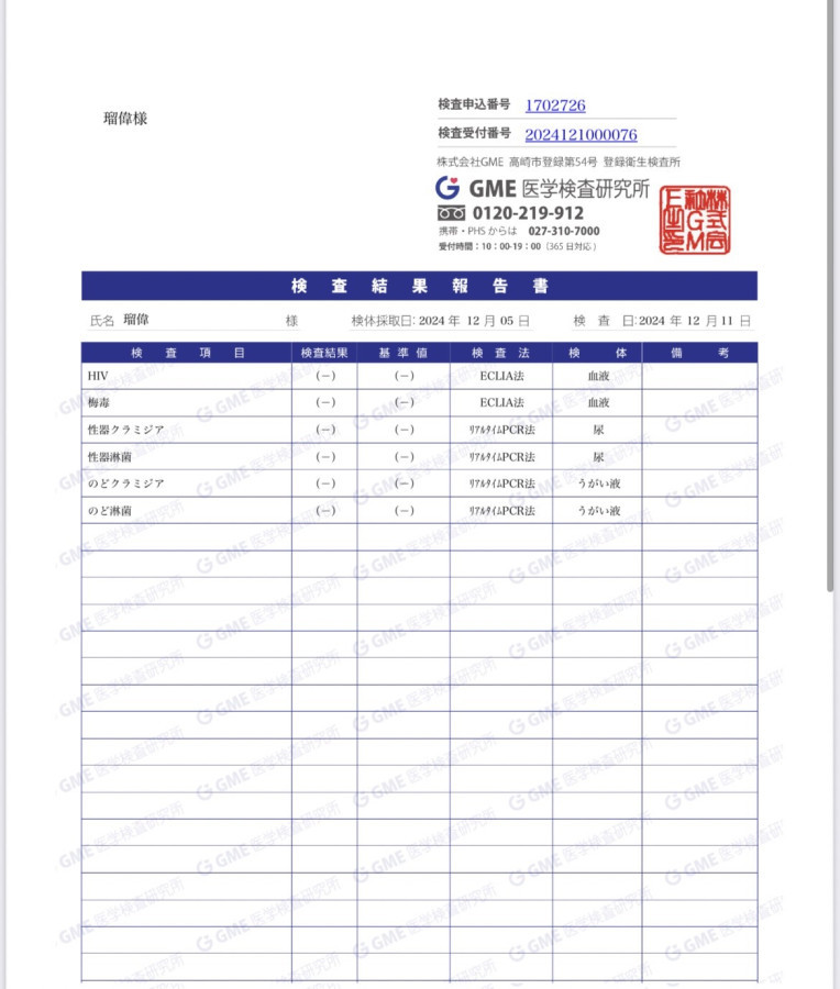 瑠偉の性病検査証明書