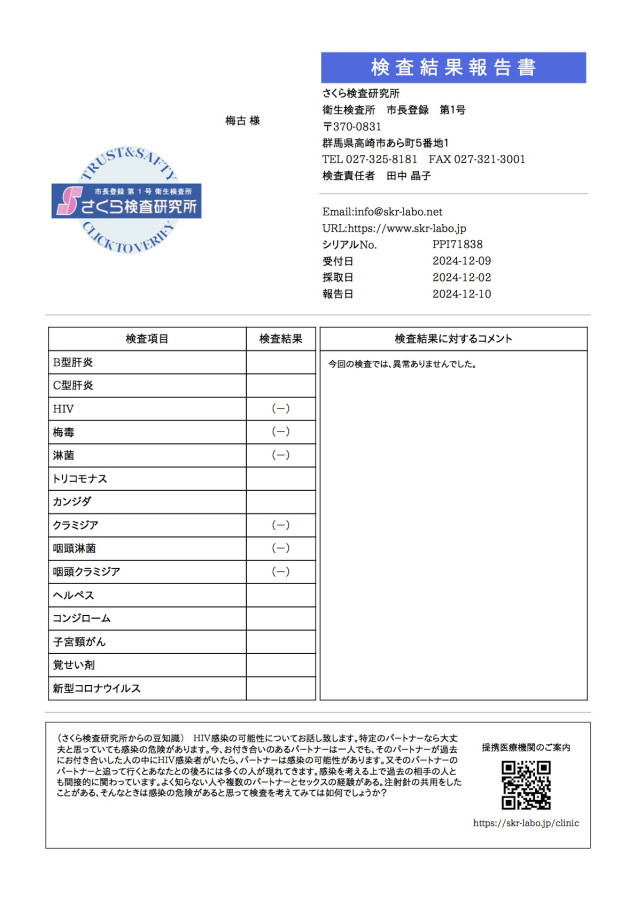 梅古の性病検査証明書