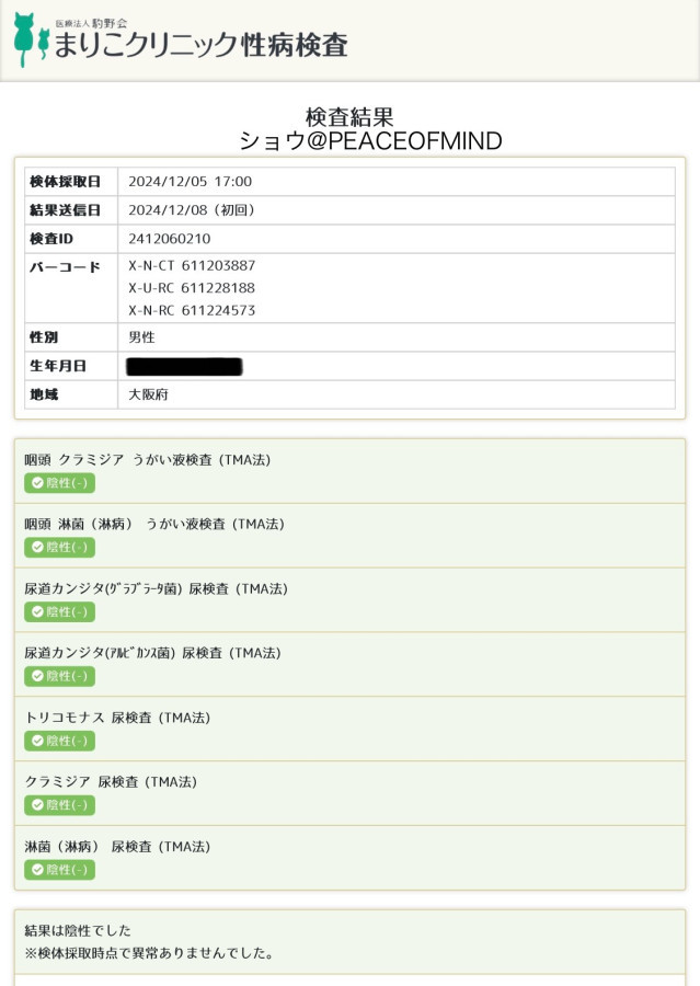 ショウの性病検査証明書