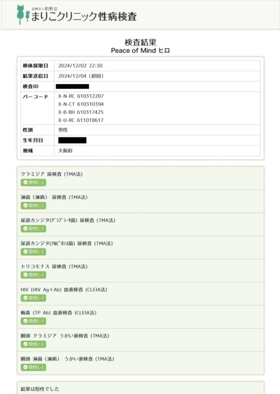 ヒロの性病検査証明書