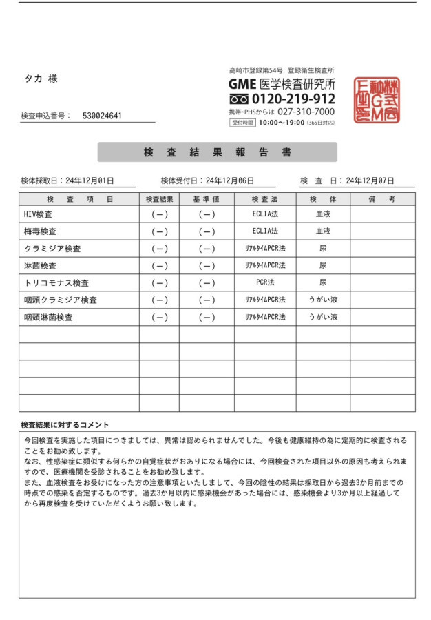 タカの性病検査証明書