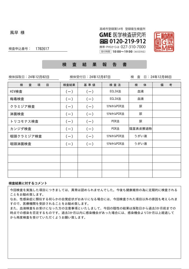 Kazehayaの性病検査証明書