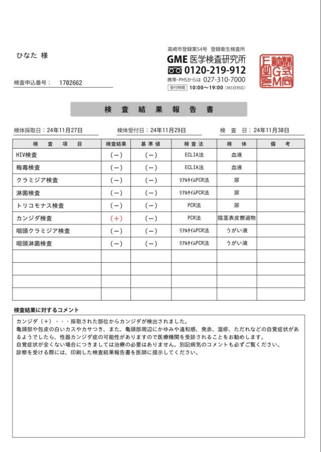 Hinataの性病検査証明書