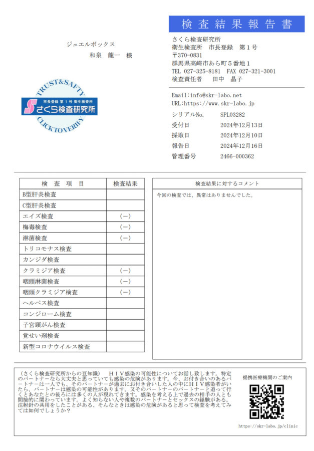 和泉 龍一の性病検査証明書