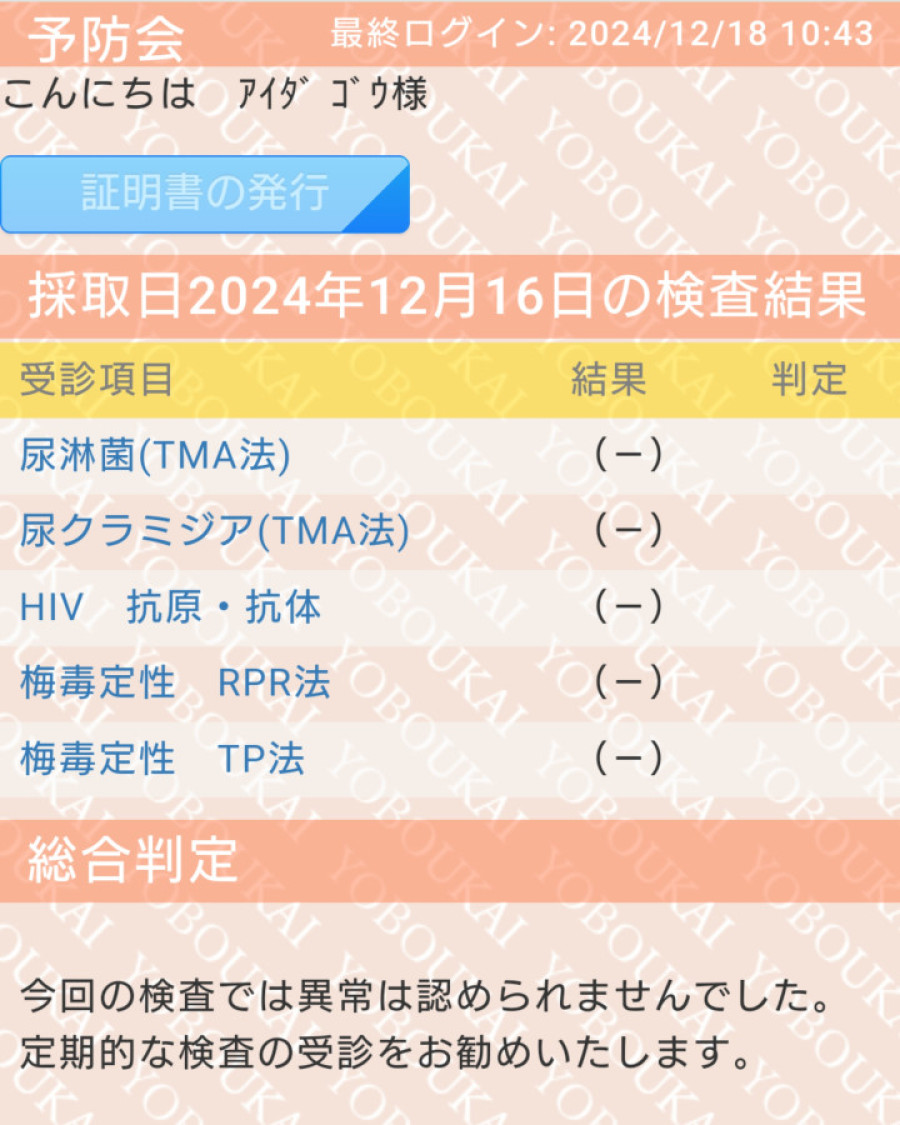 哀田 剛の性病検査証明書