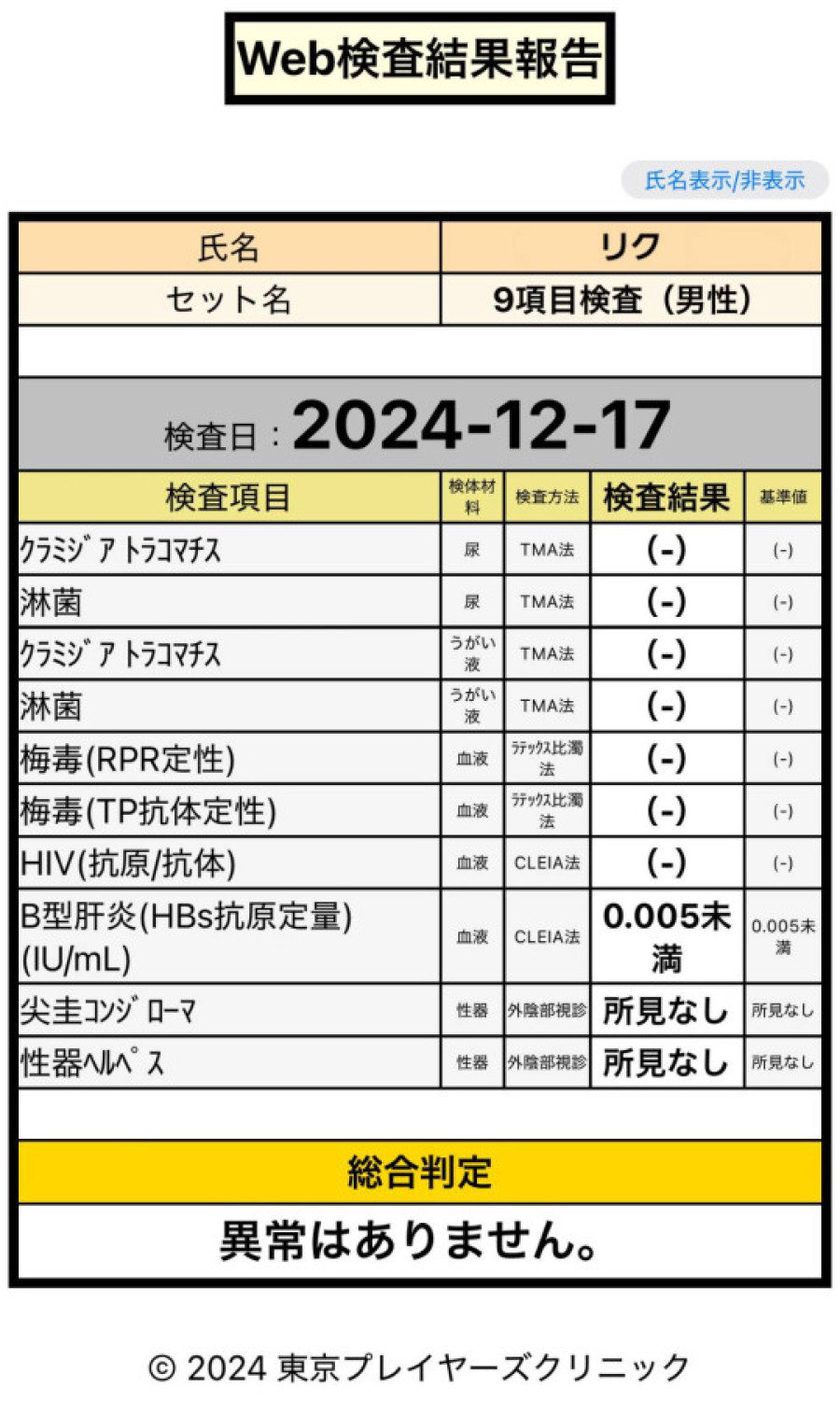 リクの性病検査証明書