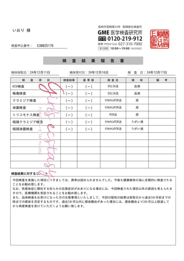 いおりの性病検査証明書