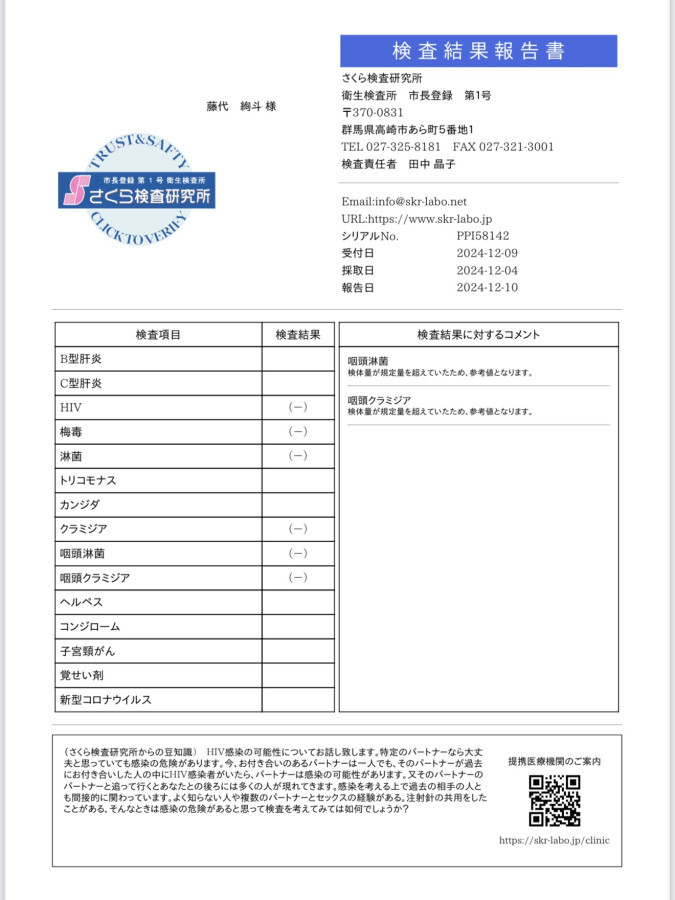 藤代 絢斗の性病検査証明書