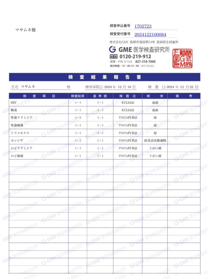 マサムネの性病検査証明書