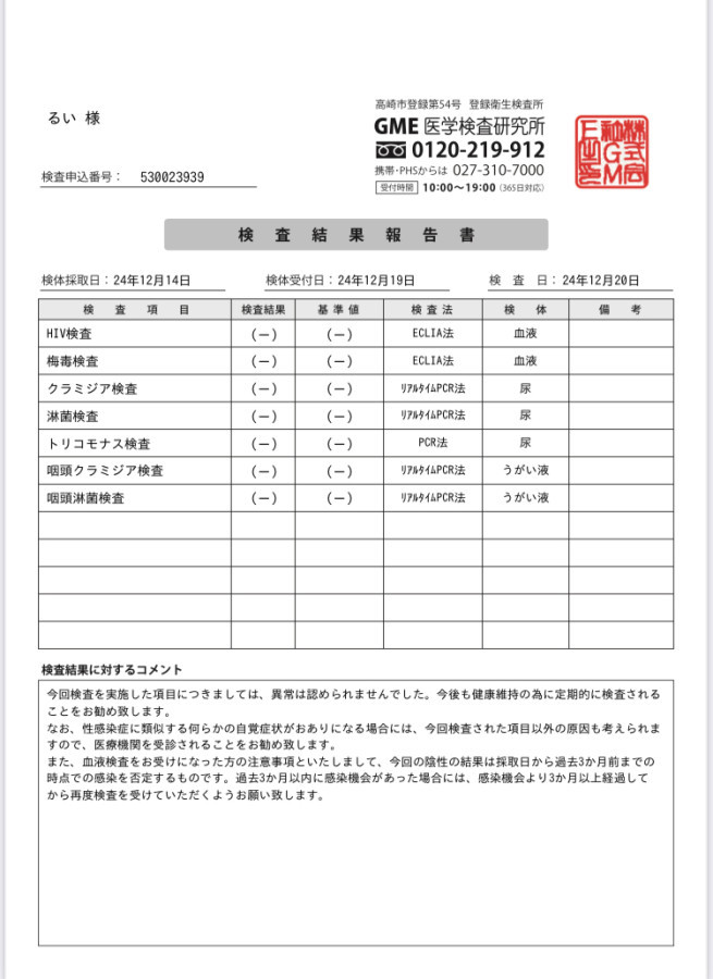 るいの性病検査証明書