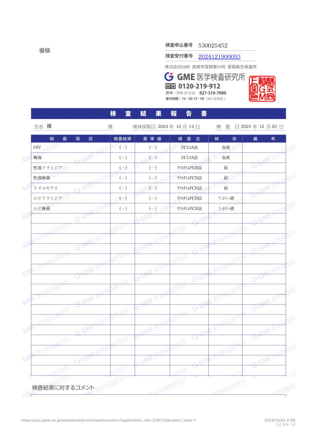 優の性病検査証明書