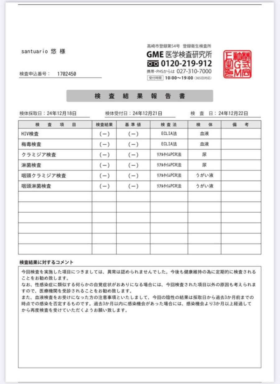 悠の性病検査証明書