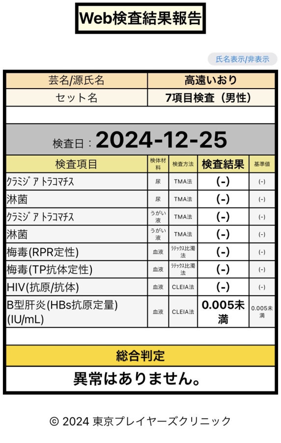 高遠 いおりの性病検査証明書