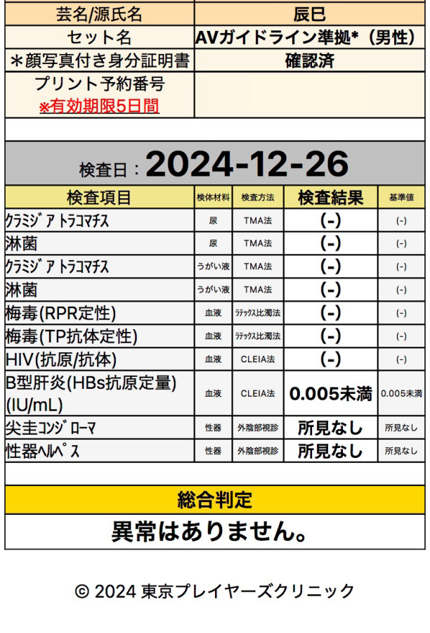 辰巳の性病検査証明書