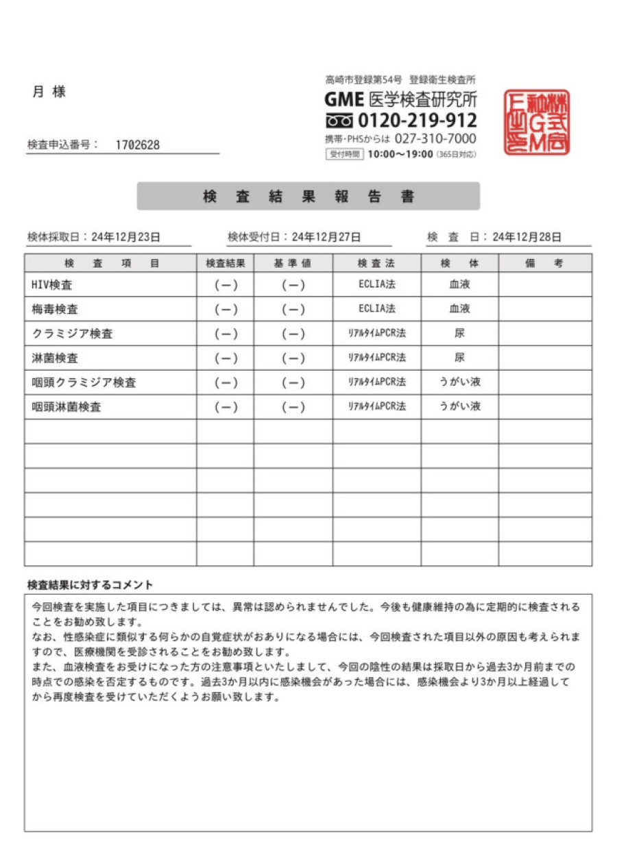 月の性病検査証明書