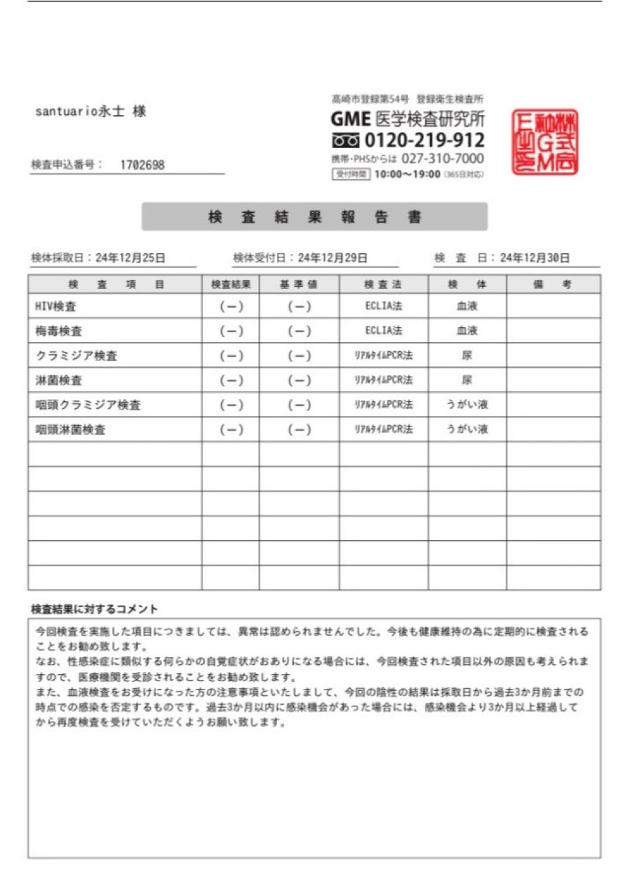 永士の性病検査証明書